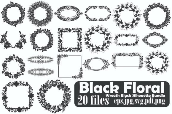 Black Floral Wreath Frame Silhouette Set for Elegant Design Projects