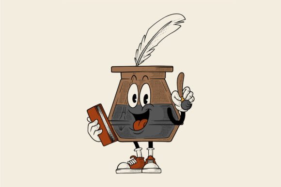 Cartoon Ink Pot Mascot Holding Book
