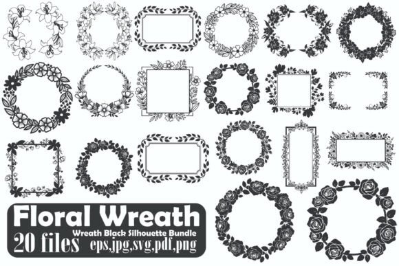 Floral Wreath Frame Black Silhouette Set: Elegant Design for Versatile Projects