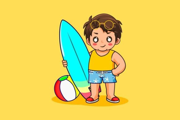 Happy Cartoon Boy with Surfboard on Beac: A Vibrating Visual for Summer-Themed Design Projects